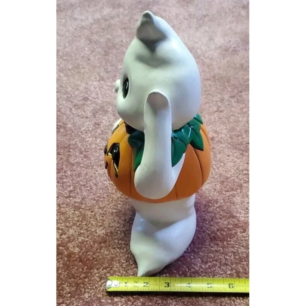 Vintage Ceramic Halloween Ghost Wearing Pumpkin Jack O Lantern Figurine Set 2